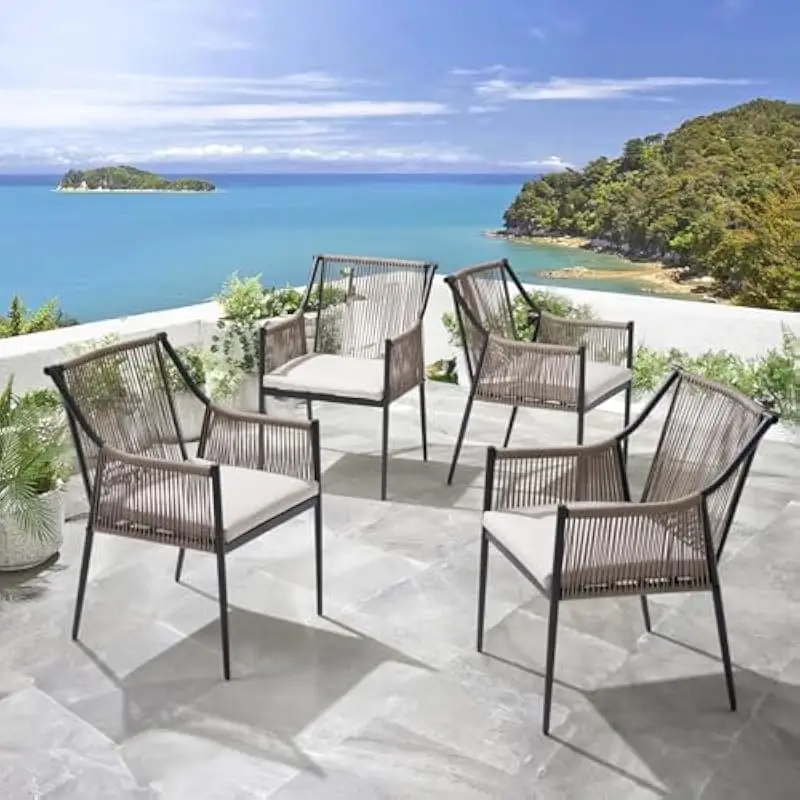 8 premium weatherproof rattan dining chairs with ergonomic high-back design, embossed PE wicker, rust-resistant steel frame, rem