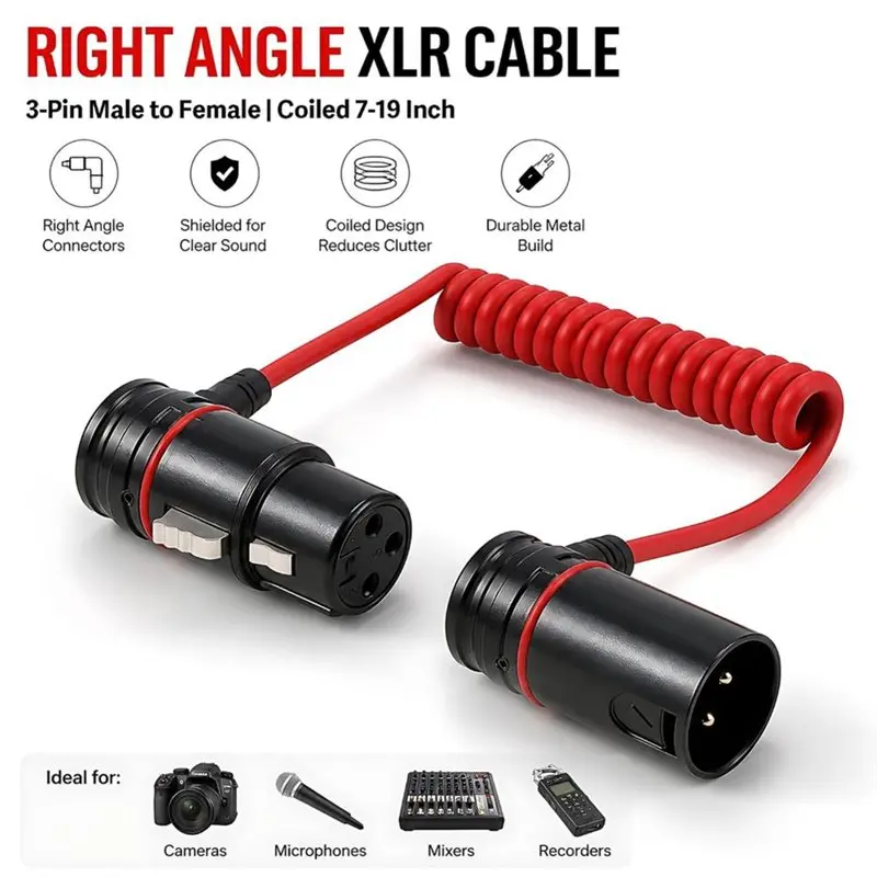 AT82-Rotatable 90 Degree Right Angle XLR Coiled Cable 3Pin Male To Female For Microphones Recorders Adjustability