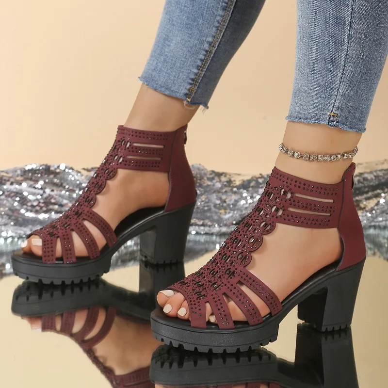 الصنادل الرومانية صيف جديد جولة تو المفتوحة تو حجر الراين مع انقطاع الخلفية سستة منصة عدم الانزلاق فم السمكة الكعوب #3