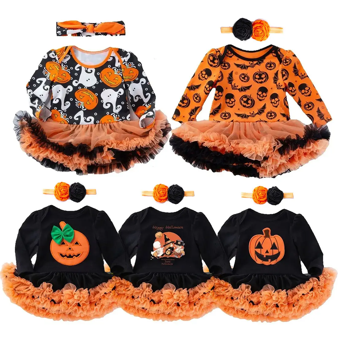 

2025 Halloween Autumn and Winter Festive Party Infants and toddlers cosplay Pumpkin Print Cute Warm Short Skirt + Headband
