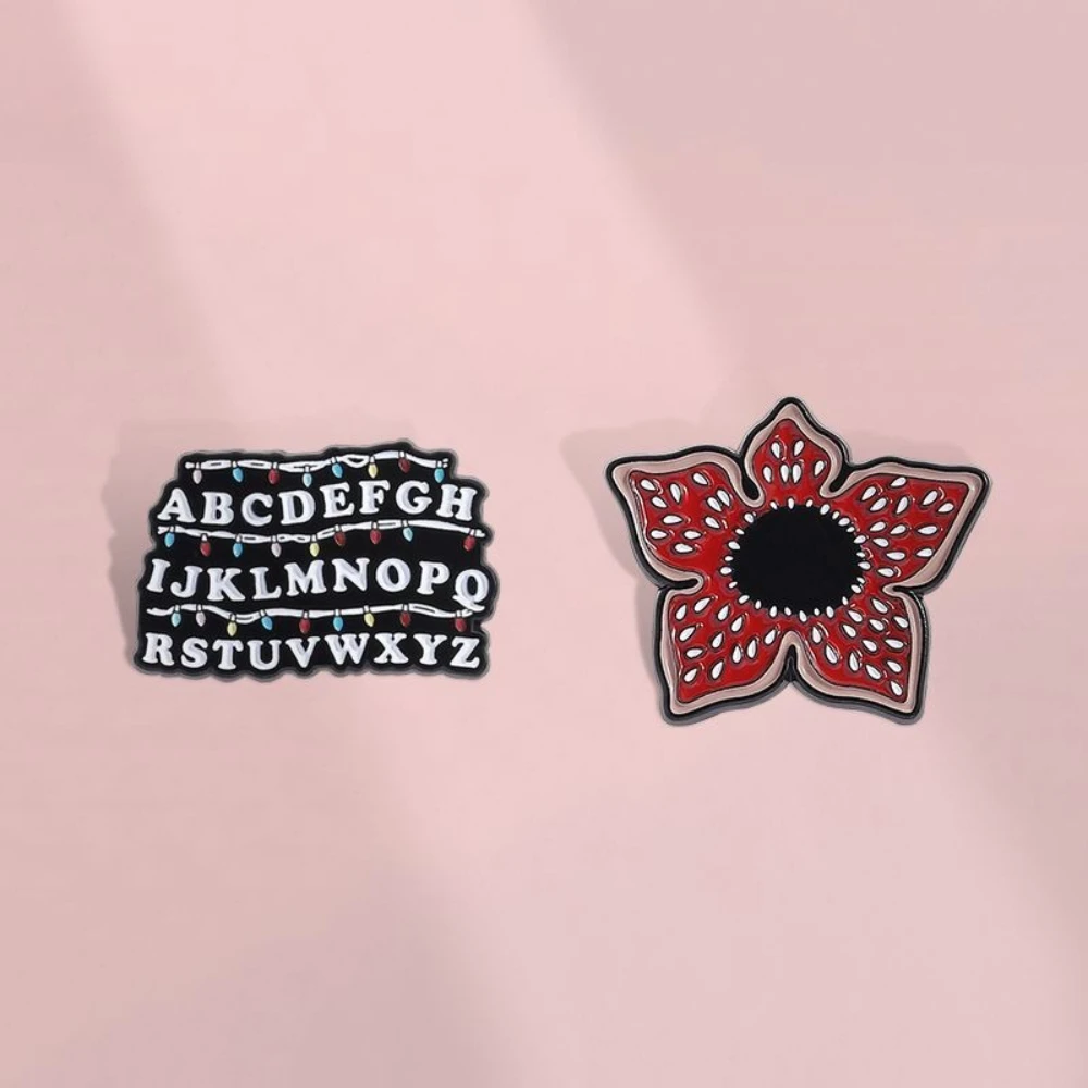 Stranger Retro Style Enamel Pendant Alphabet String Lights Red Flower for Jacket Backpack Hat Decoration Gift for Fashion Lovers
