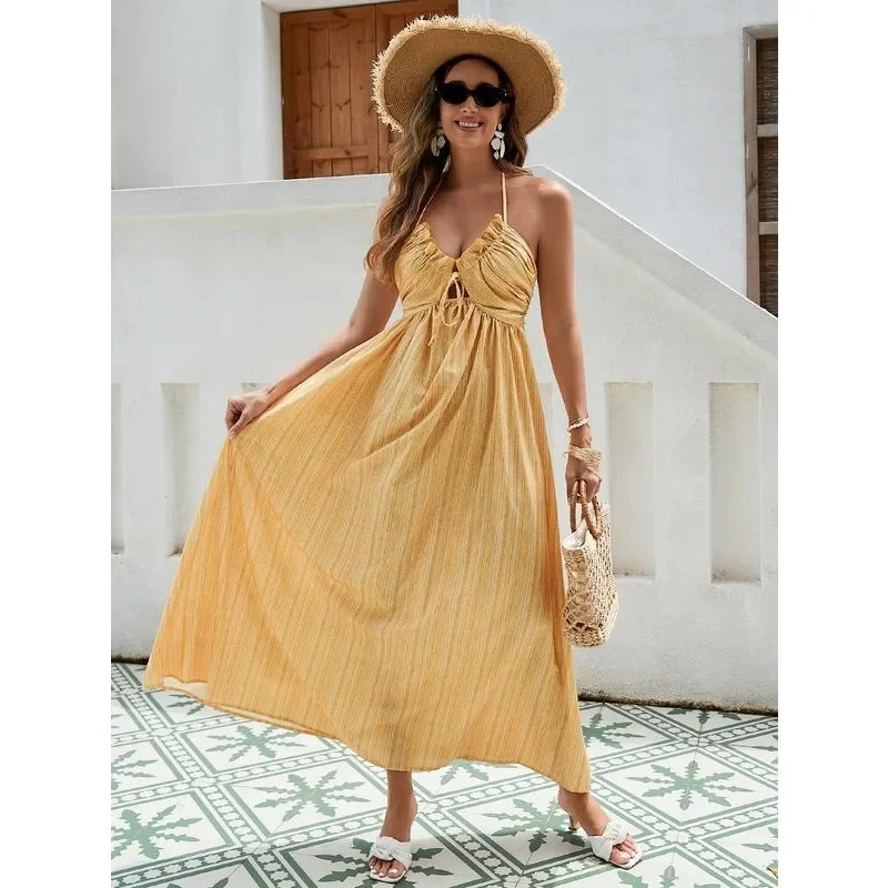 Halter sem mangas smocked decote em v balanço flowy vestido de praia para mulher a linha casual férias praia vestido de verão feminino maxi vestido de verão