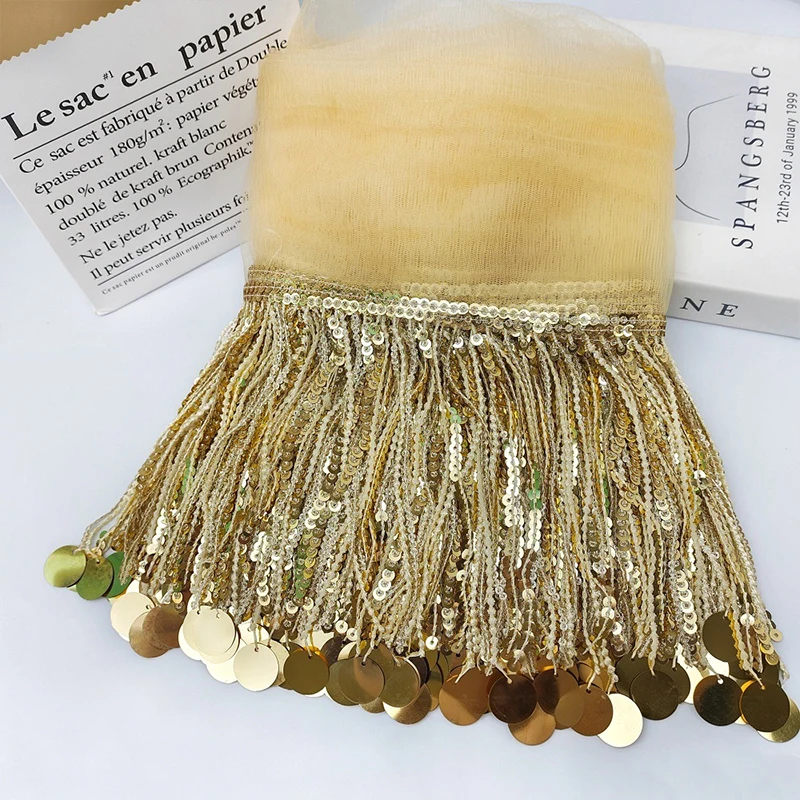 16cm Sequin Tassel Lace Trim for Latin Dance Performance Dress with Fur Water Soluble Embroidery 18mm Sequins Accessories