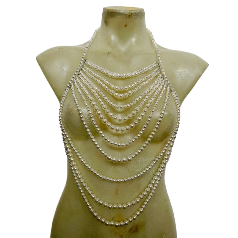 Mehrschichtiges Perlen-Neckholder-Bodychain-Top, weiß, mit Kunstperlen, Brustgurt, Hochzeits-Bodyschmuck, Abend-Rave-Crop-Top – Detail 5