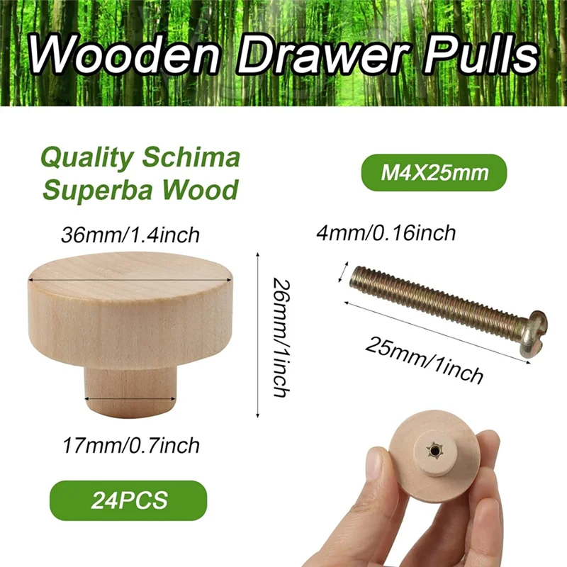 مقابض أدراج خشبية مستديرة من ABGR، مقابض أدراج أثاث الخزانة الخشبية، مناسبة لخزانة ملابس الأدراج (24 قطعة)