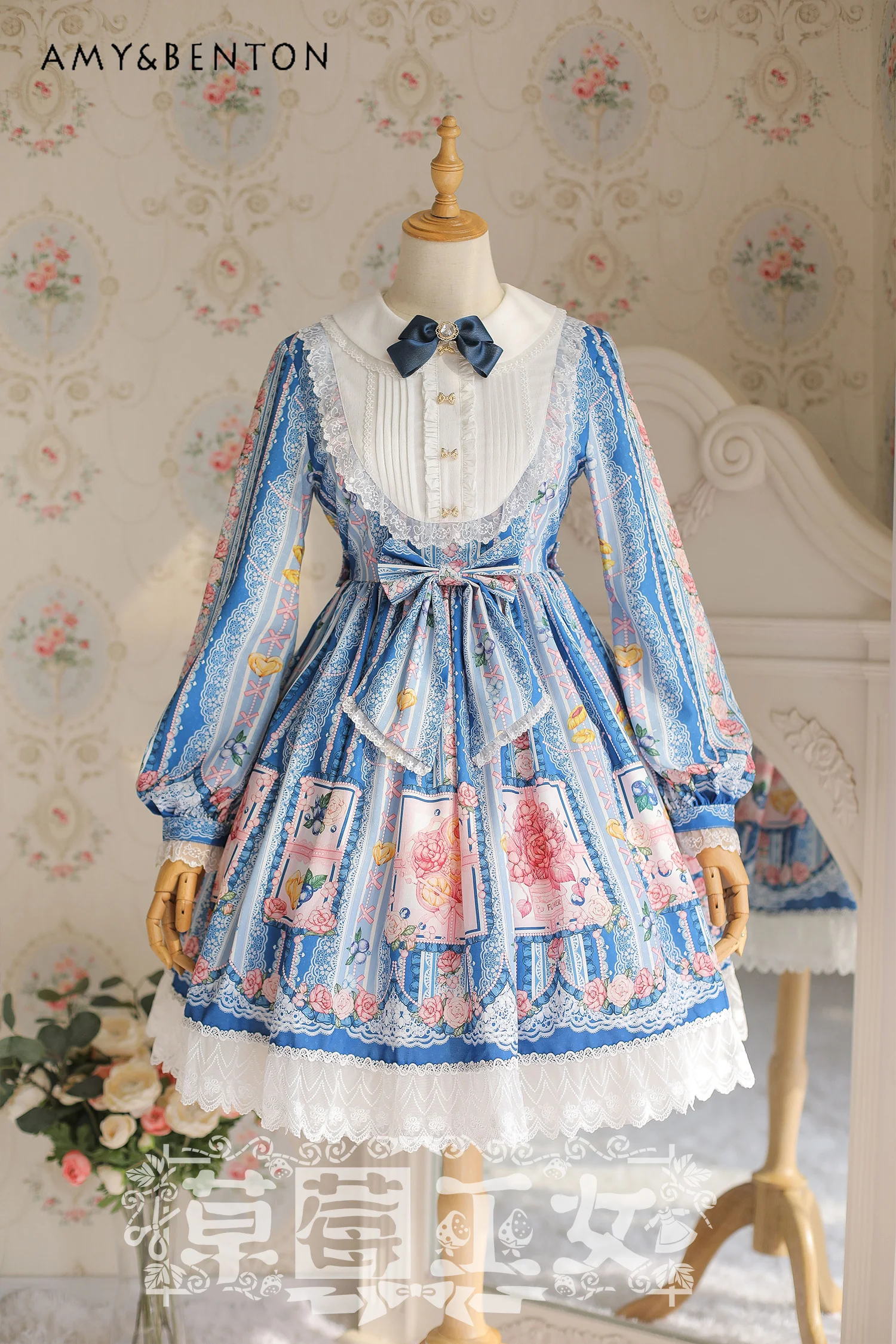 Pastoral Cute Cartoon Print Lolita Long Sleeve Dresses Daily Graceful Princess Dress Sweet Doll Collar Bow Slim Ball Gown Dress