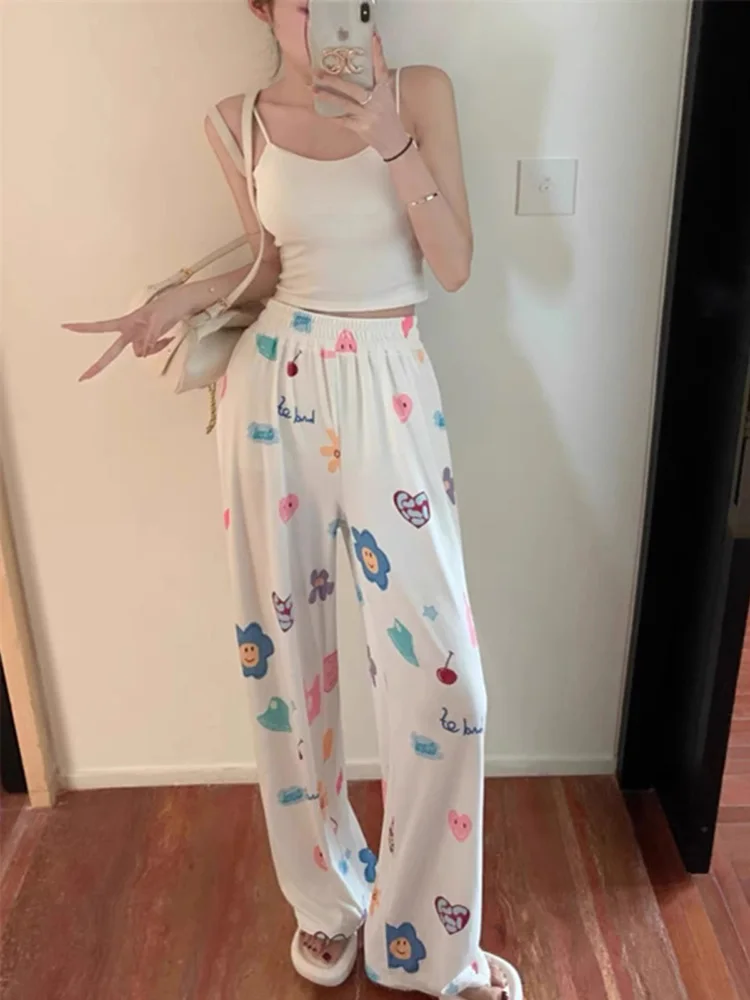 Summer White Wide Leg Pants Women's Loose Straight Casual Drape Walking Trousers High Waist Long Pants Commute Style Korean V...