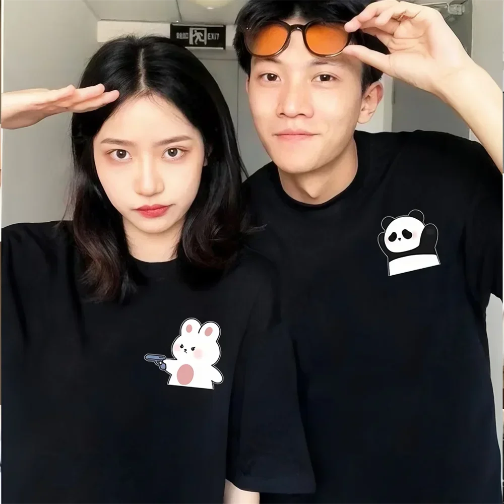 Interesting Cartoon Surrender Panda Print Couple T-shirt Tee Top Casual Loose Short Sleeve Tshirt For Lover Gift