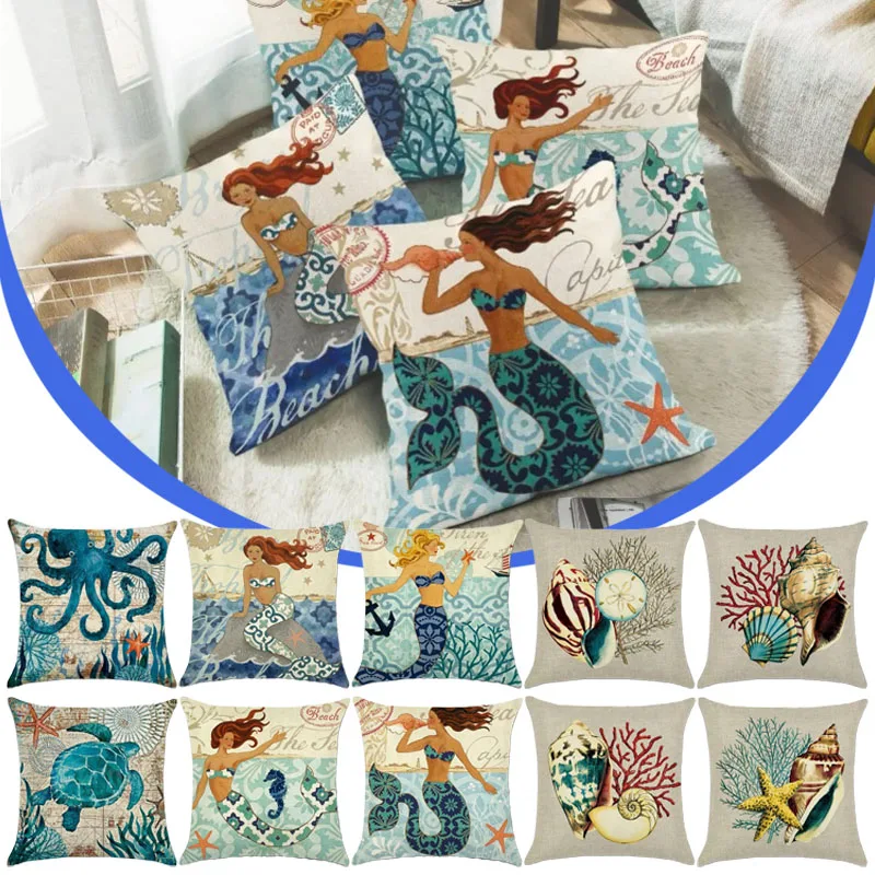 

1PC Mermaid Sea Seahorse Octopus Print Pillowcase Ocean Organism Theme Pillowcase Living Room Sofa Cushion Cover Room 45x45cm