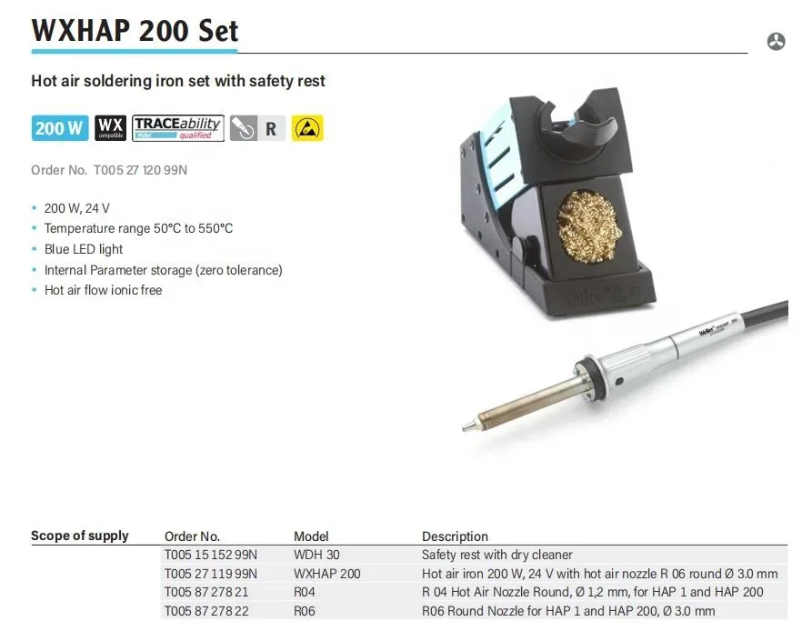 WELLER WXHAP200 200W Hot Air Soldering Iron Set with Safety Stand for PCB/BGA Desoldering of Electronic Components