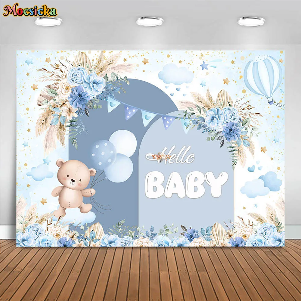 Mocsicka Bohemian Baby Shower fondale Bear Blue Flower Pampas Grass Hello Baby Boys Welcome Party Decor sfondo puntelli personalizzati