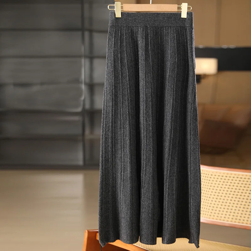 

100% Merino Wool Skirt Women Office Lady Grace Style Bright Silk pleated Skirt Autumn Winter Thick Soft Elastic Waist Long Skirt