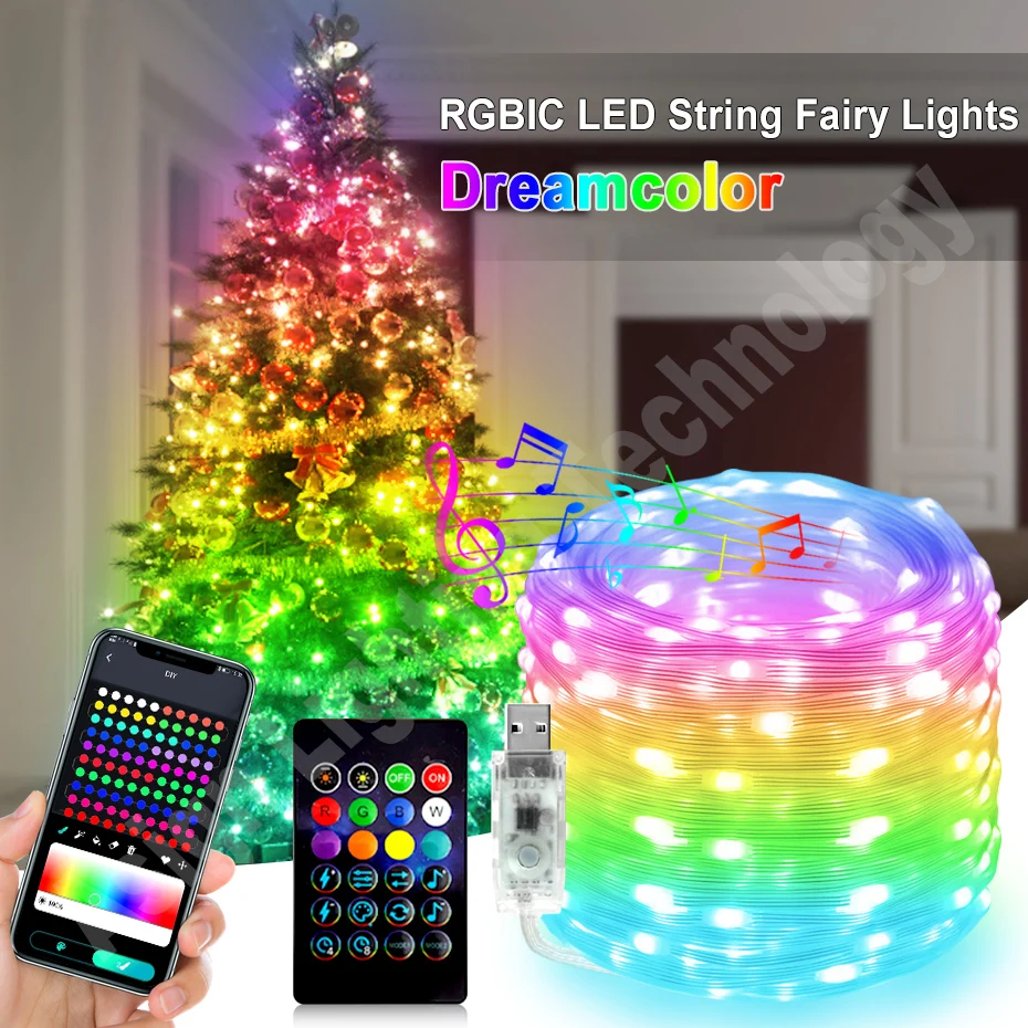 RGBIC Smart Fairy Lights Music Dream Color LED Strip Waterproof Bluetooth APP Control for DIY Christmas Ambient Lighting 1m-50m