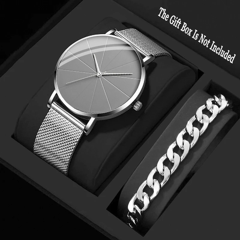 Stylish casual Watch set Simple Silvery lightweight dial Watch Quartz watch and bracelet Christmas gift for men