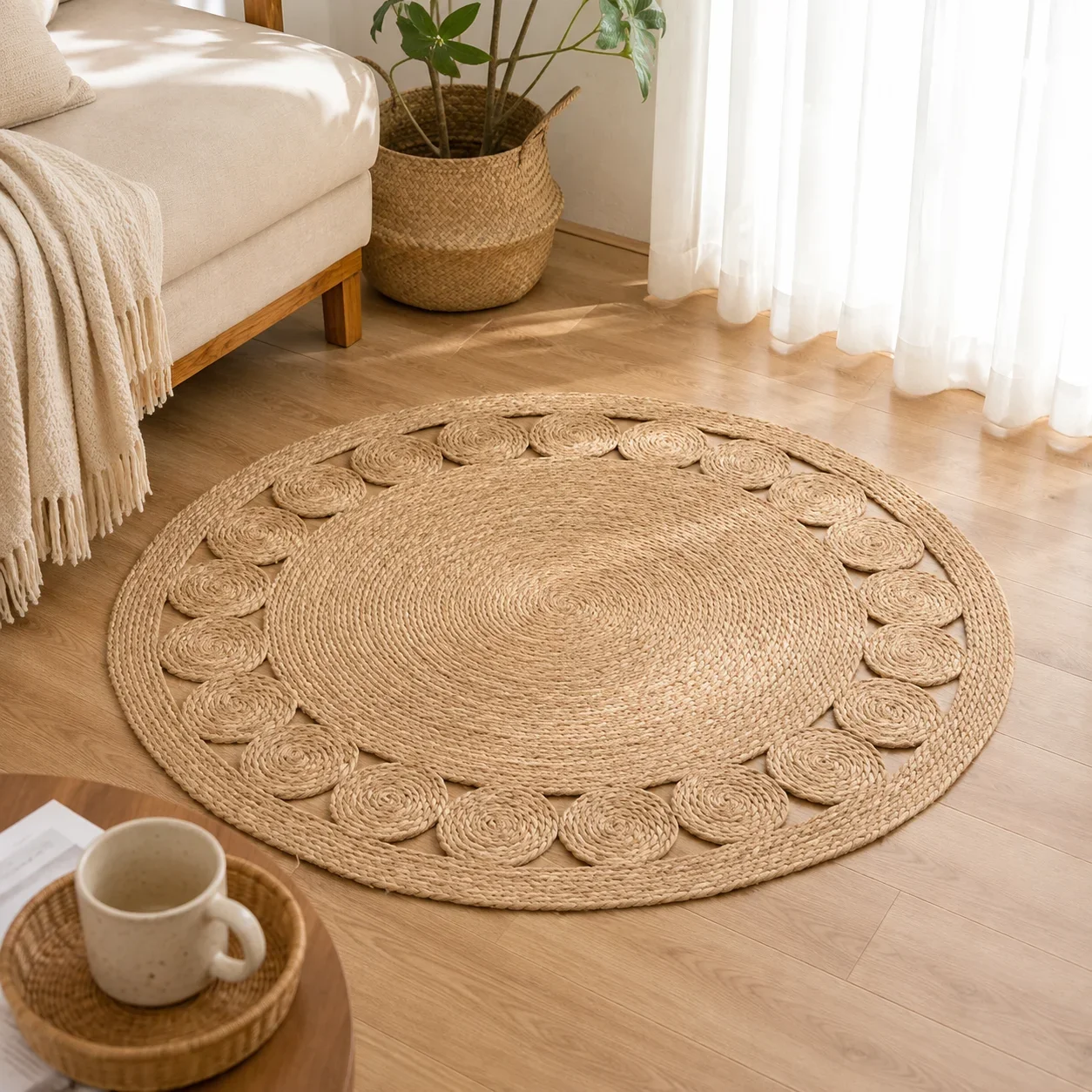 Handmade Round Woven Rug Natural Straw Floor Mat Boho Farmhouse Living Room Bedroom Door Area Rug Home Decoration