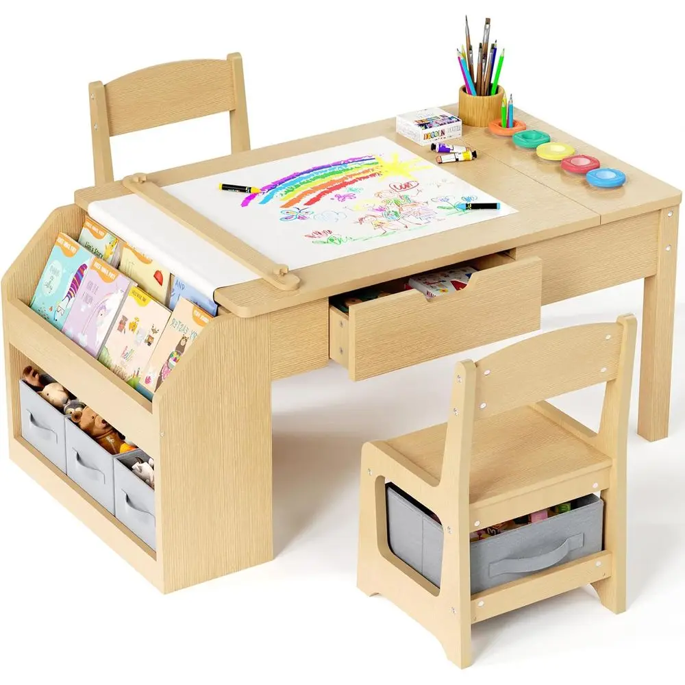 

Multifunctional Wooden Art Table and Chairs Set for Kids, Toddler Activity Center with Easel and Storage