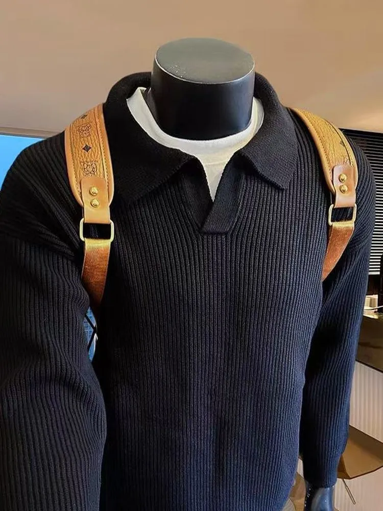 Cleanfit Black V-Neck Knitwear Men's Autumn Winter Long Sleeve  Collar Lazy Style Sweatshirt Jacket Loose Fit Medium Thick