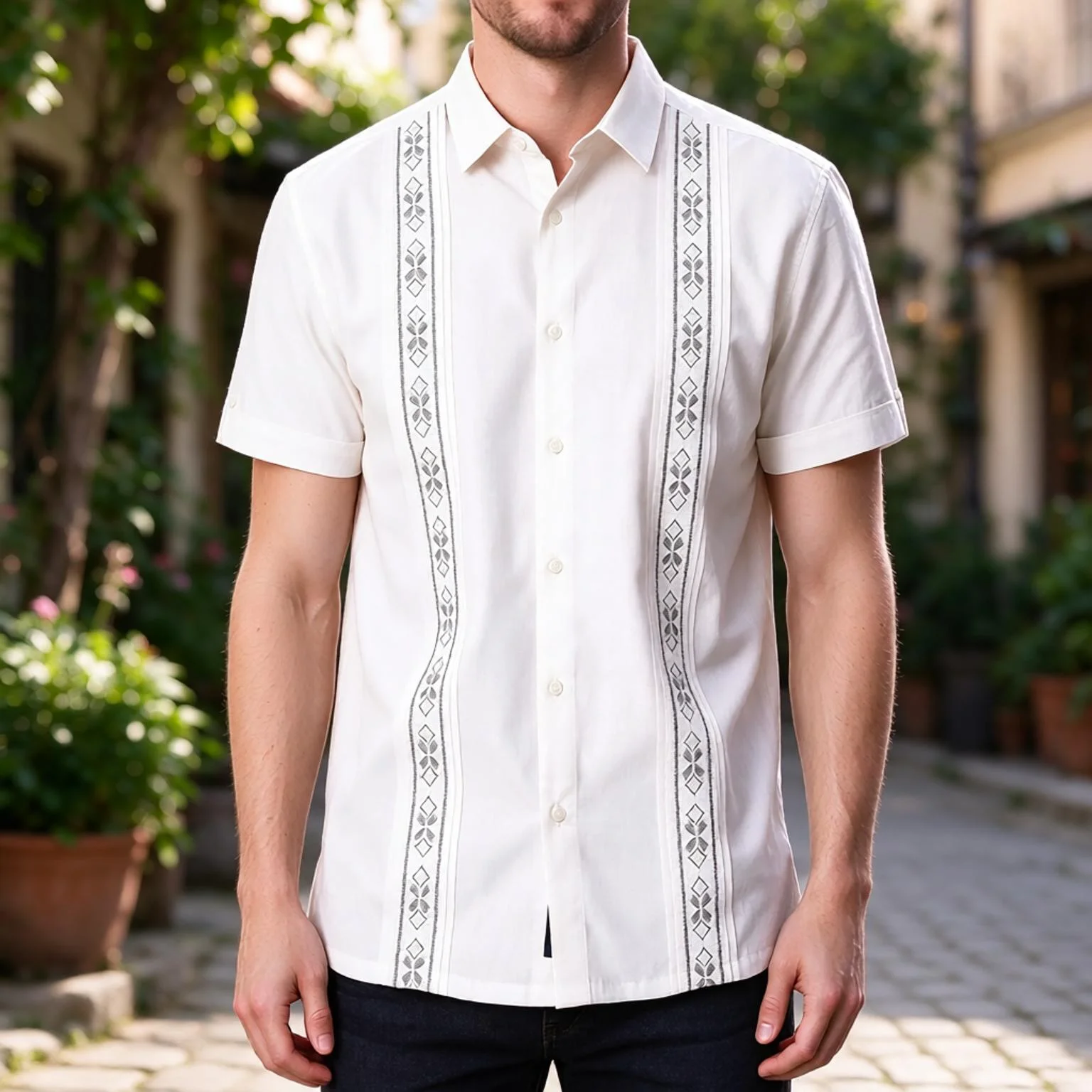 Men's White Shirt Embroidered Loose Fit Lightweight Long Sleeve Button Down Casual Work Shirt for Daily Wear Long Sleeved Shirts