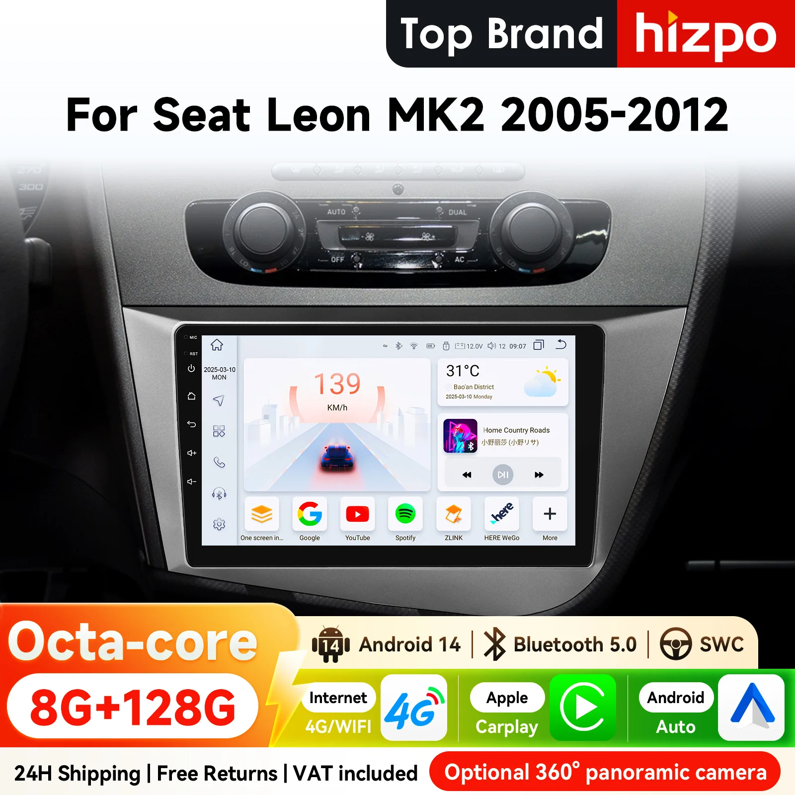 Hizpo 2Din 9-Zoll-Android-Autoradio für Seat Leon 2 MK2 2005 - 2012 Snapdragon 6115 GPS-Navigation DSP RDS 4G WiFi Bluetooth CarPlay 360 ° CAM