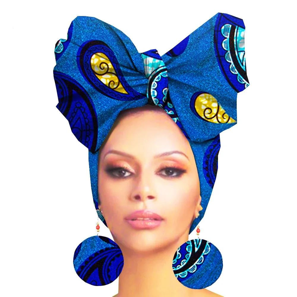 African Print Head Bandana Scarf Women And Matching Dorp Earring Wax Cotton Head Scarves Bandana Headband Set Hair Accessories