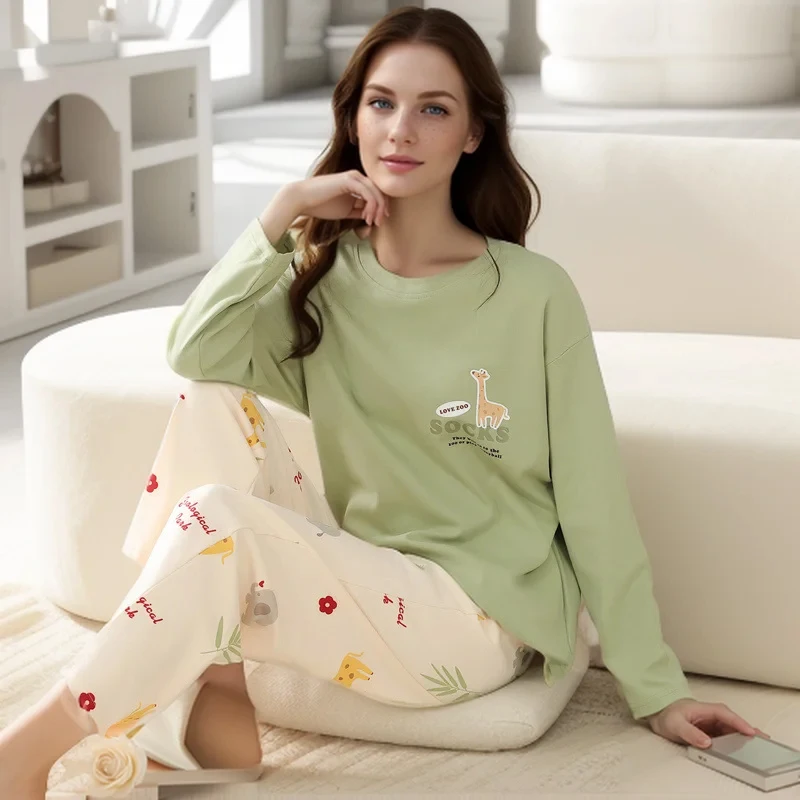 

2PCS/Set Ladies Four Seasons Pajamas Long Sleeves Cartoon Casual Student Homewear Girl Giraffe Cute Print Women Sleepwear