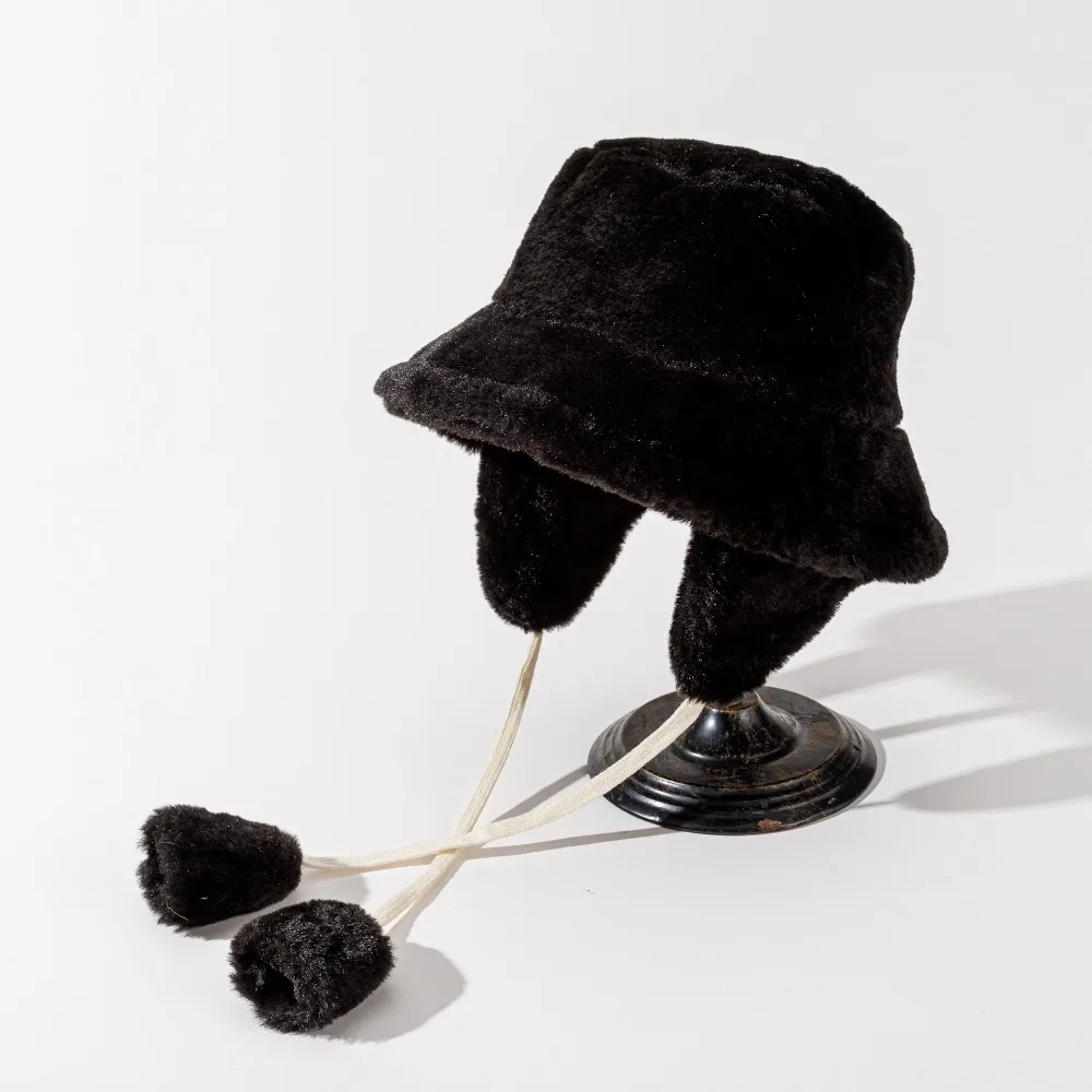 

Ushanka Solid Color Plush Panama Hat Anti-cold Windproof Plush Bucket Cap Soft Adjustable Winter Fisherman Hat Travel