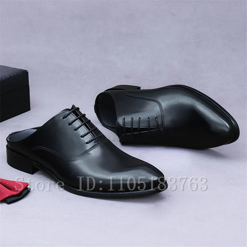 

Men Businesss Genuine Leather Slippers Pointed Toe Lace Up Decor Cowhide Handmade Casual Leather Shoes