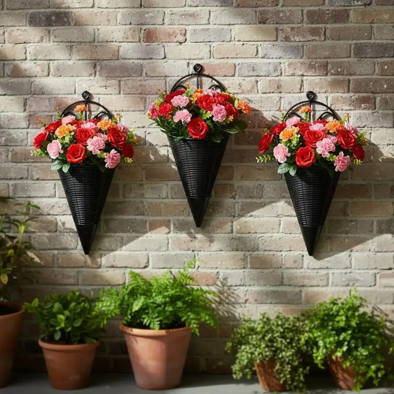 Hanging Cone Wall Planter Basket Imitation Rattan Craft Multi Color Options Perfect For Balcony Living Room Wall Flower Decor