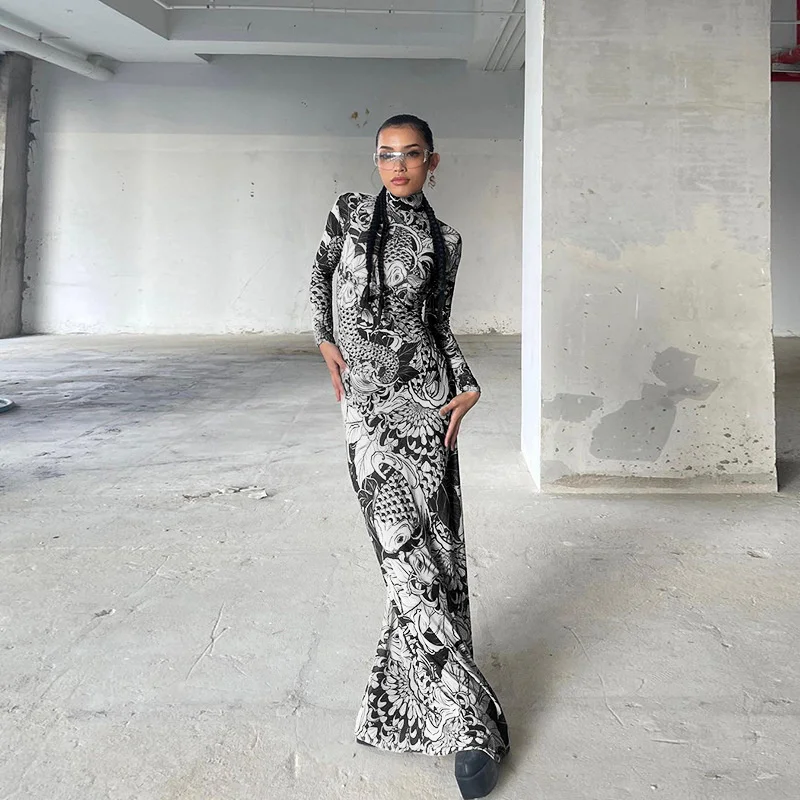 Vintage print mesh maxi-jurk voor dames 2025, trendy slanke, pure bodycon-jurk met lange mouwen en opstaande hals, elegante feestoutfit, nieuw