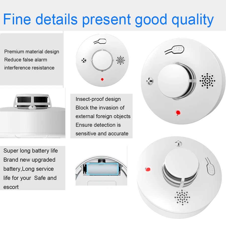 كاشفات الدخان، أجهزة إنذار 85 ديسيبل تعمل بالبطارية وأضواء ستروب LED، 360 درجة °   أجهزة كشف الدخان مناسبة للمناطق الداخلية/الخارجية
