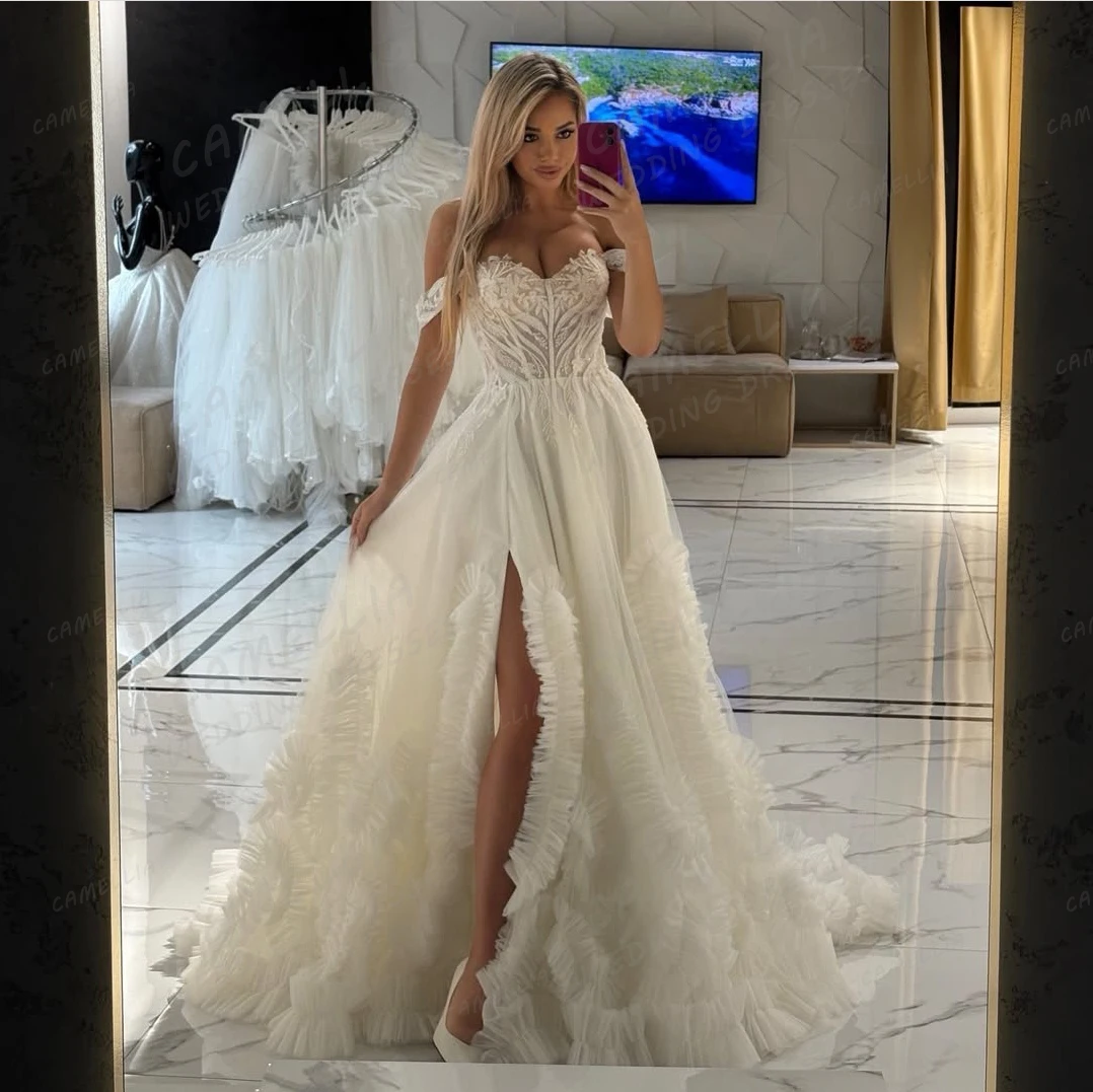 Exquisite Lace Wedding Dresses A Line Women Sexy Side Split Bridal Ball Gowns Off SHoulder Vestidos De Novia Customized Fluffy