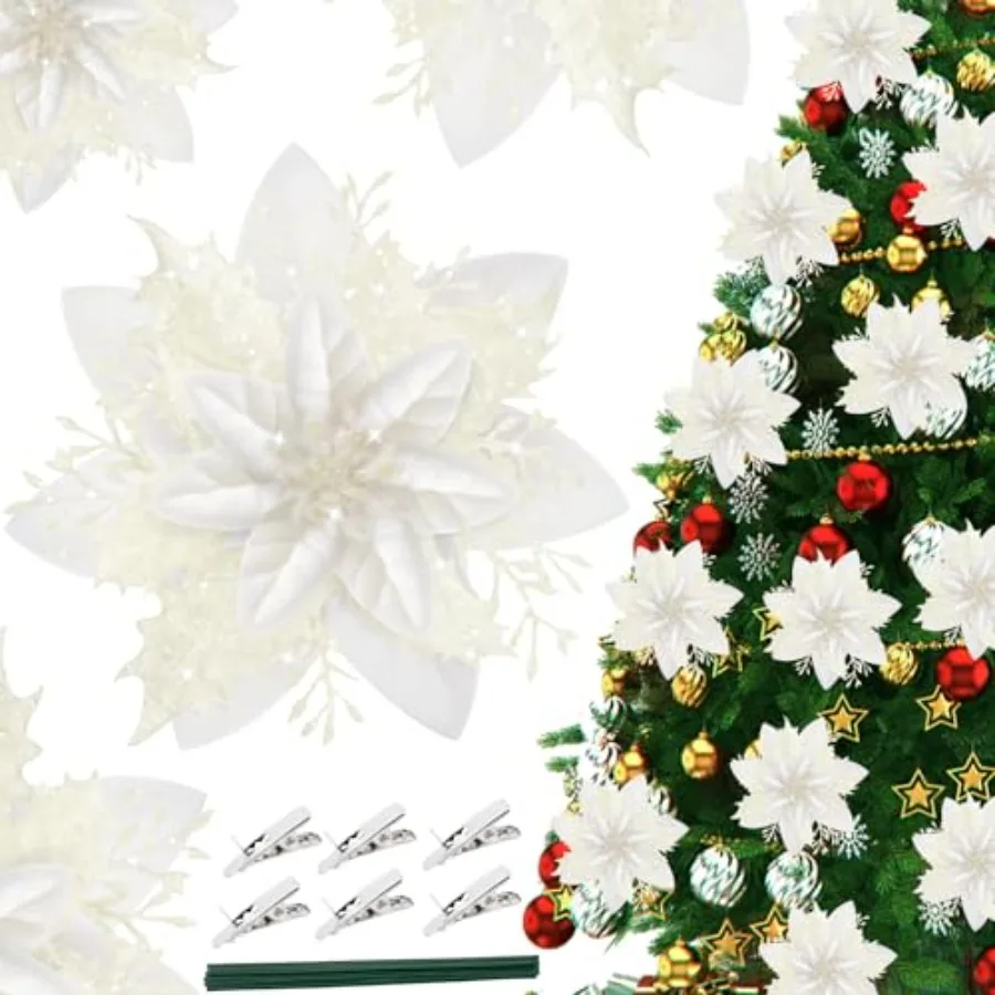 16 قطعة زهرة البونسيتة عيد الميلاد زينة الاصطناعي بريق البونسيتة البيضاء الحلي لشجرة عيد الميلاد إكليل حفل زفاف دي