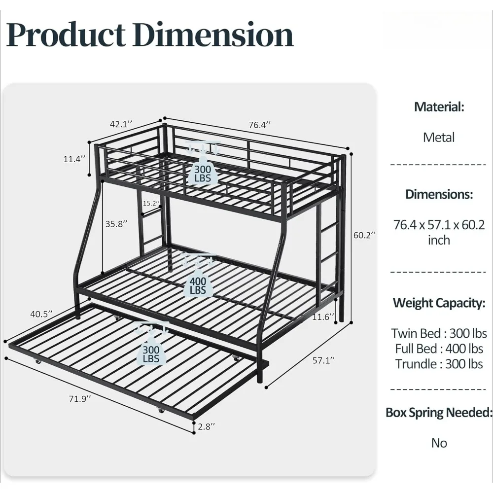 Twin Over Full Metal Loft Bed with 2 Secured Ladders, Bunk Bed with Trundle, Trundle Bed Twin Safety Guard, Space-Saving