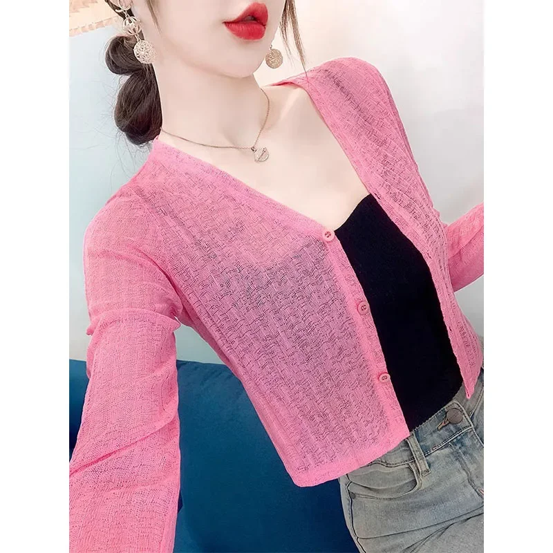 夏用長袖ショール付きエアコンブラウス、おしゃれなショートカーディガン、薄手ジャケット