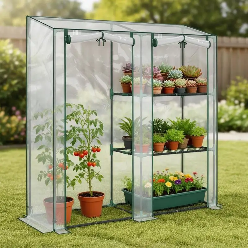 Gartengewächshaus mit 3-stufigen Regalen, kleines Gewächshaus aus PVC-Plane und Stahlrahmen, 2 Rolltüren, transparent