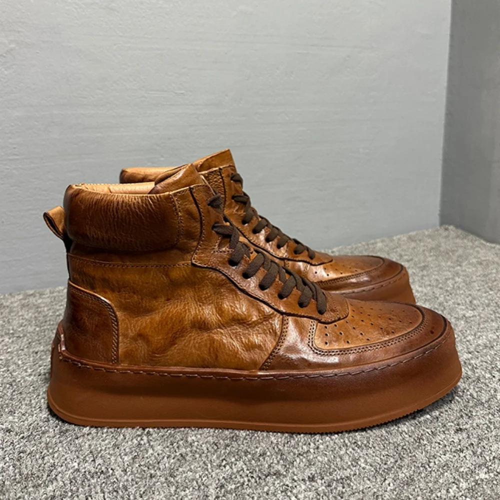 الرجال الرجعية جلد طبيعي عالية الجودة مارتن الأحذية تنفس الدانتيل سميكة سوليد أحذية بوت قصيرة غير رسمية لأسلوب الخريف والشتاء #1