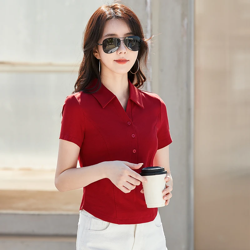 Summer New Polo Neck Button Short High Waist T-shirt Slim Fit Short Sleeve Solid Color Cotton Women\'s Top