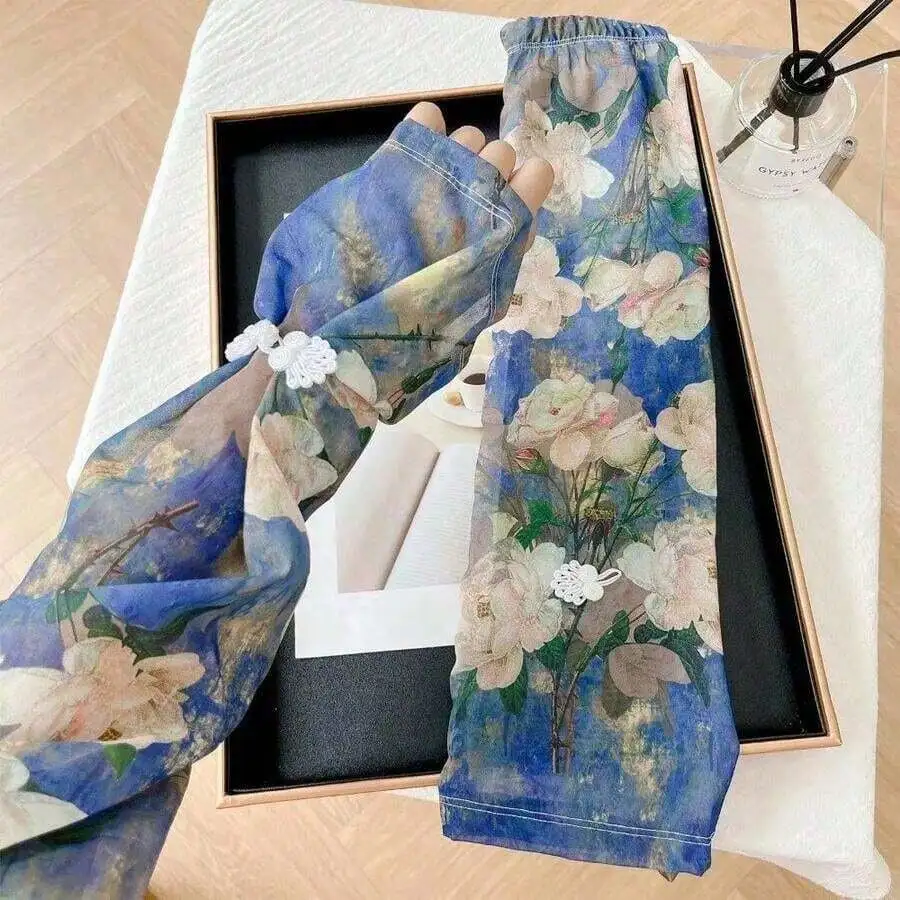 

Chinese Style Buckle Printed Ice Silk Sleeves Anti-UV Flower Chiffon Sunscreen Sleeve Long-Sleeved Glove Arm Covers