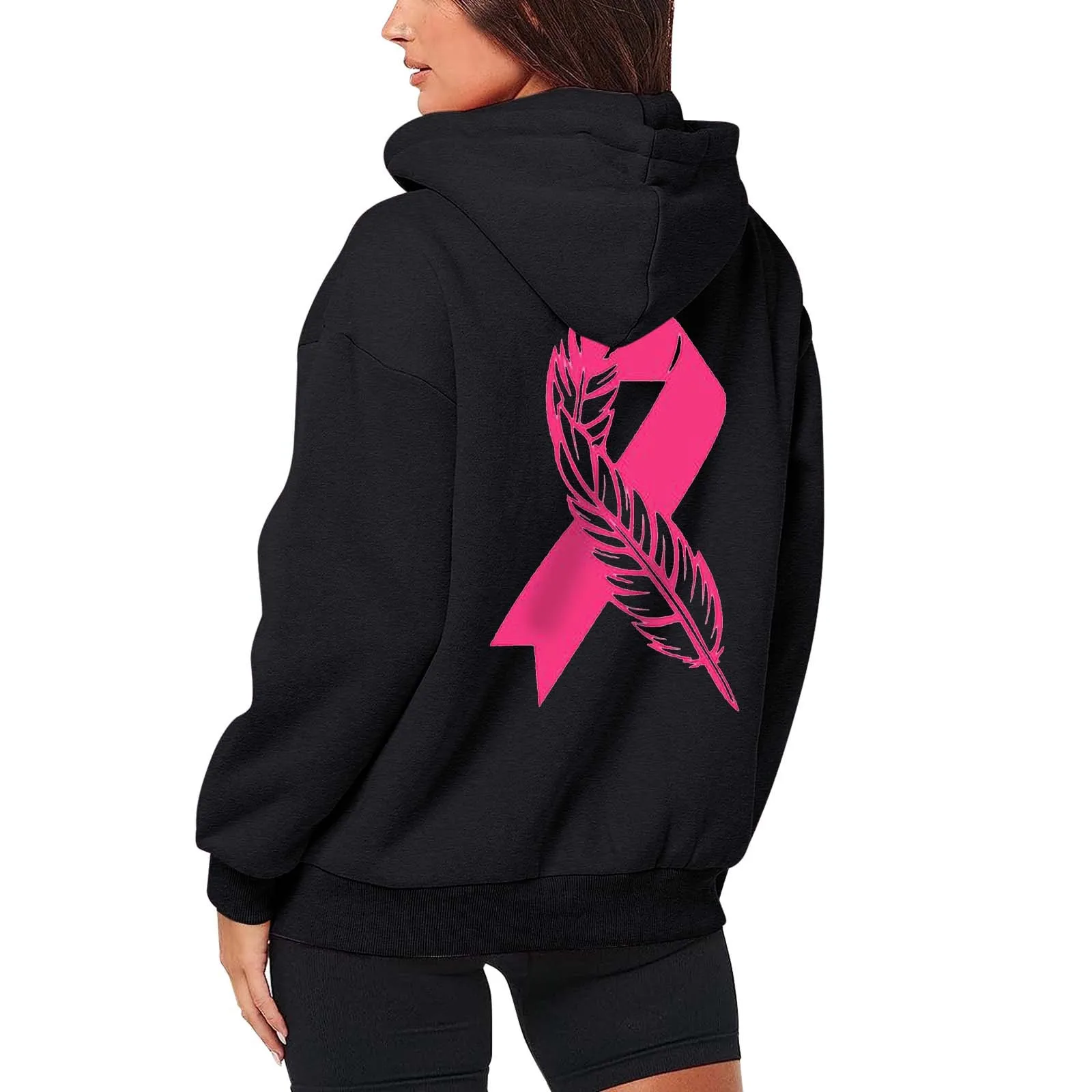 Breast Cancer Pink Ribbon Print Women Zip Up Jackets 2024 Spring Autumn Oversize Loose Casual Sweatshirts Gothic y2k Outwears