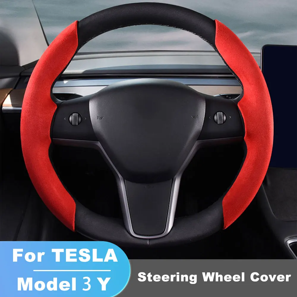 

for Tesla Model 3 Model Y Steering Wheel Cover Black Red Carbon Fiber Leather Anti-fur Sport Steering Wheel