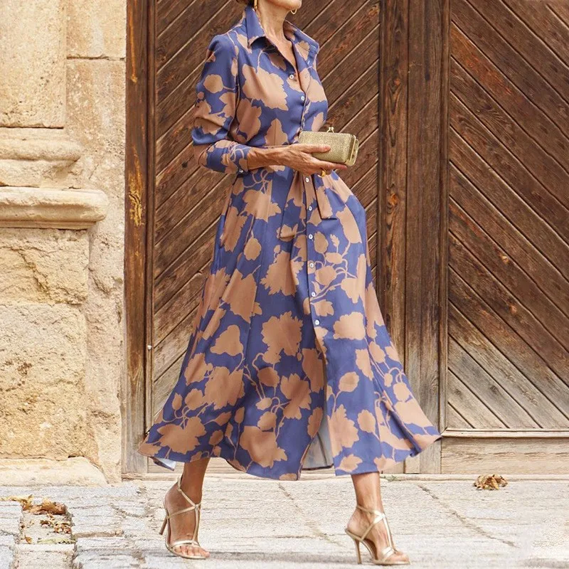 Mode revers imprimé simple boutonnage taille à lacets serrer les poignets robe pour printemps automne femmes tempérament élégant jupe longue