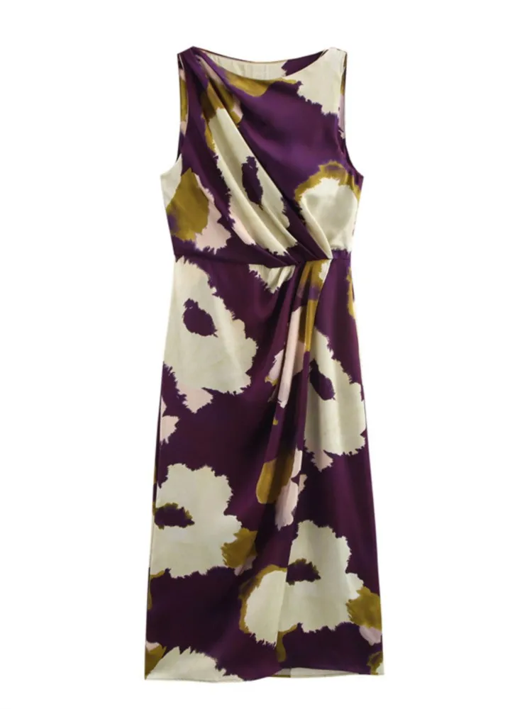 Vestidos de impressão de flores para as mulheres 2025 novo verão elegante chique sem mangas vestido longo vintage em torno do pescoço festa noite midi vestidos