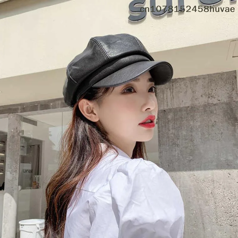 {MAX-66} Neue Unisex-Baskenmütze aus PU-Leder im Retro-Koreanischen Stil, achteckige Newsboy-Künstlermütze für Fotoshootings, Dates und den urbanen Alltag
