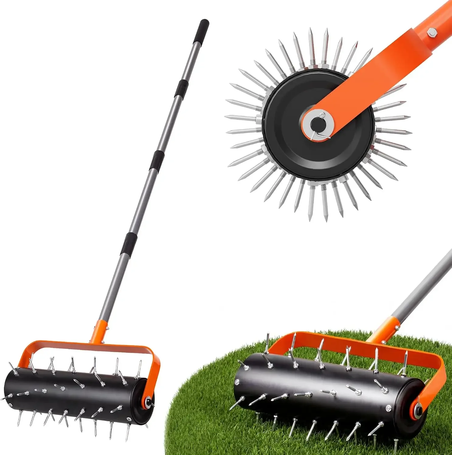 Rolling Lawn Aerator, Heavy Duty Manual Aerator Tool with 42 Spikes, Lawn Spike Aerator Roller with 71" Adjustable Handle