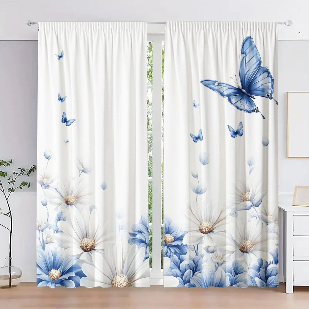 Luxuriöses 2-teiliges Schmetterlings-Blumen-Vorhangset Blau-Weiße Botanische Gardinen für Wohnzimmer Schlafzimmer Fensterdekoration Inneneinrichtung