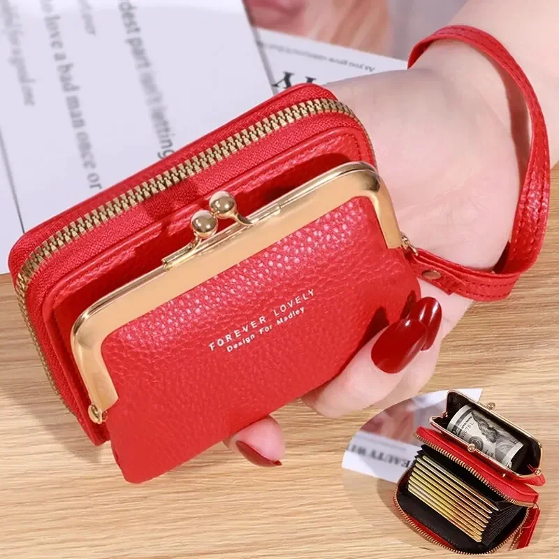 Cartera corta con correa para la muñeca para mujer, Cartera de gran capacidad con Clip para monedas, múltiples posiciones para tarjetas, bolsa para dinero