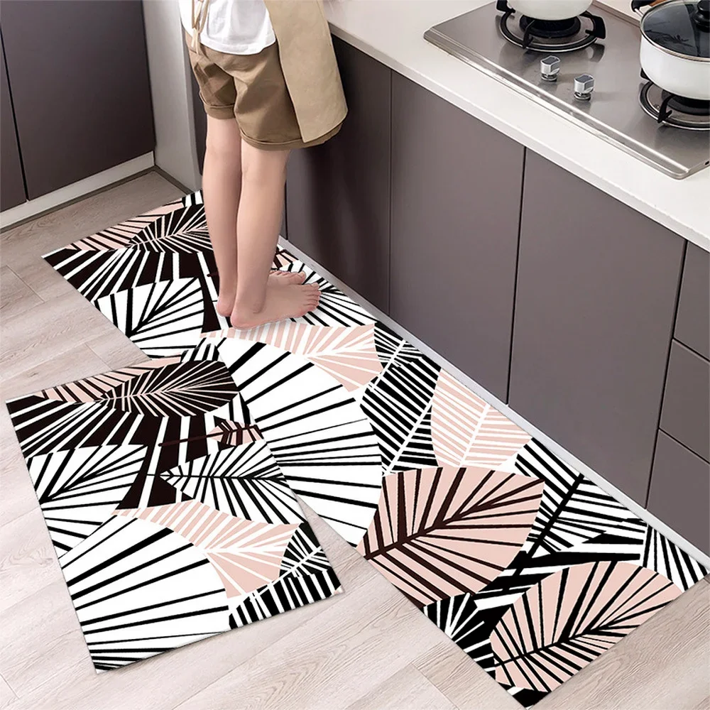 Leaves Pattern Kitchen Rug Non-slip Entrance Door Mat Home Quick-Drying Bath Rug Waterproof Living Room Kitchen Carpet Washable