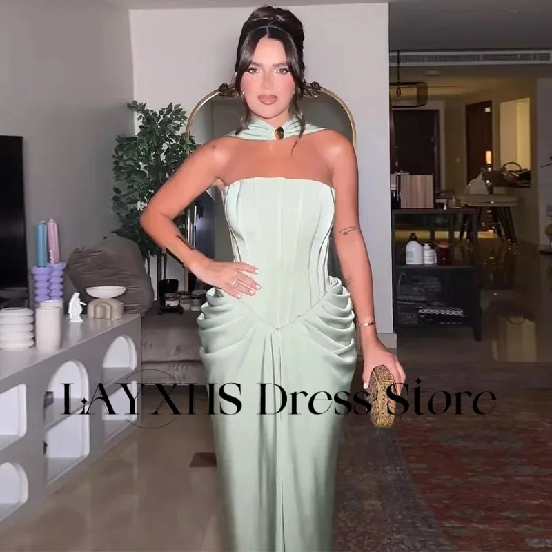 

LAYXHS Simple Strapless Evening Dresses Mermaid Backless Pleat Party Prom Dresses Customized فساتين سهرة