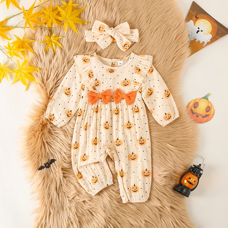 

0-12 Months Baby Girls Halloween Romper Jumpsuit Clothes Long Sleeve Pumpkin Print Ruffle Jumpsuit with Headband Outfit