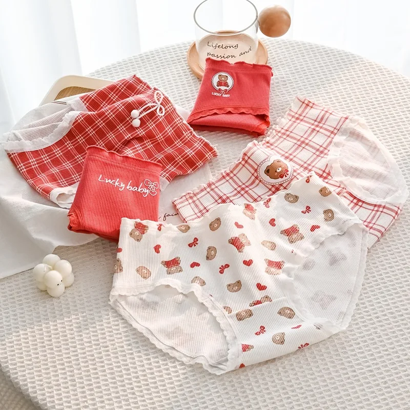 Japanese Style Birthday Girl Red Panties Cute Bear Bow Lace Seamless Lightweight Cotton Breathable Skin friendly Women Briefs